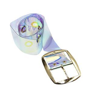 6313 Women Fashion Holographic Clear Wide Belt Transparent Pvc Metal Buckle